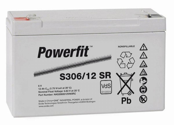 Exide Powerfit S306/12 SR 6V 12Ah dryfit lead acid battery AGM with VdS