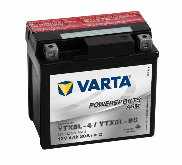 Varta Powersports AGM Motorcycle Battery YTX5L-BS 504012003 12V 4Ah 80A