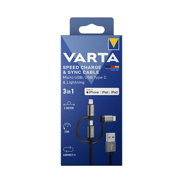 VARTA Speed Charge& Sync 3in1 Ladekabel Micro USB, USB-C, Lightning 2m für iPhone und iPad