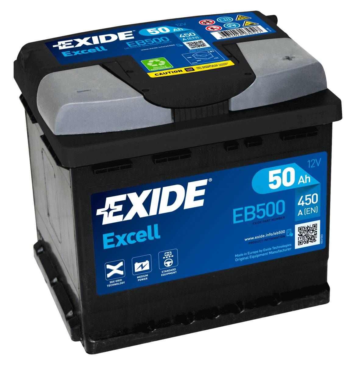 Exide EB500 Excell 12V 50Ah 450A Autobatterie, Starterbatterie, Boot, Batterien  für