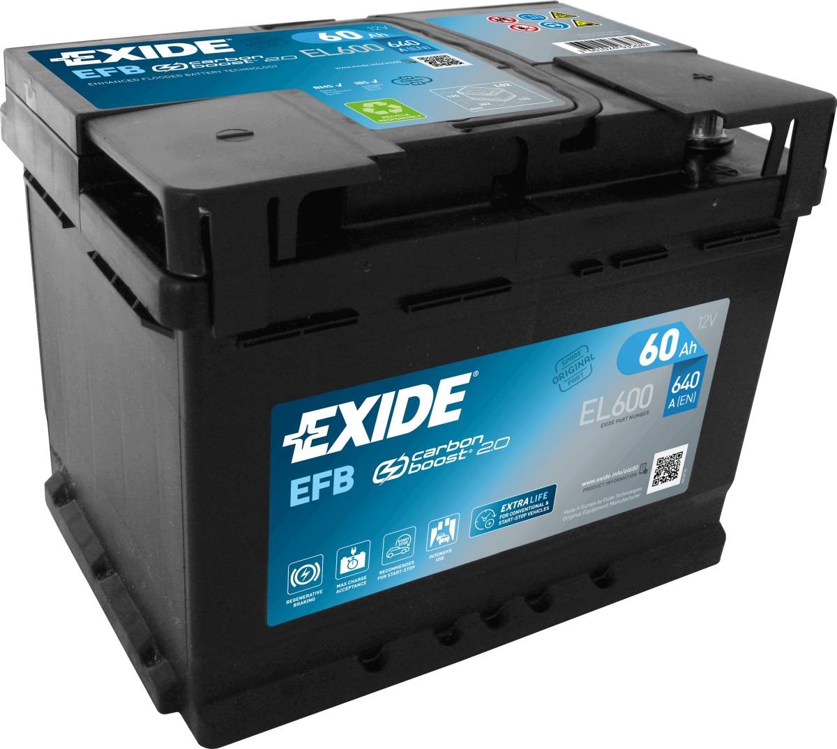 Exide EL600 Start-Stop EFB 12V 60 Ah 640A car battery, Starter batteries, Boots & Marine, Batteries by application