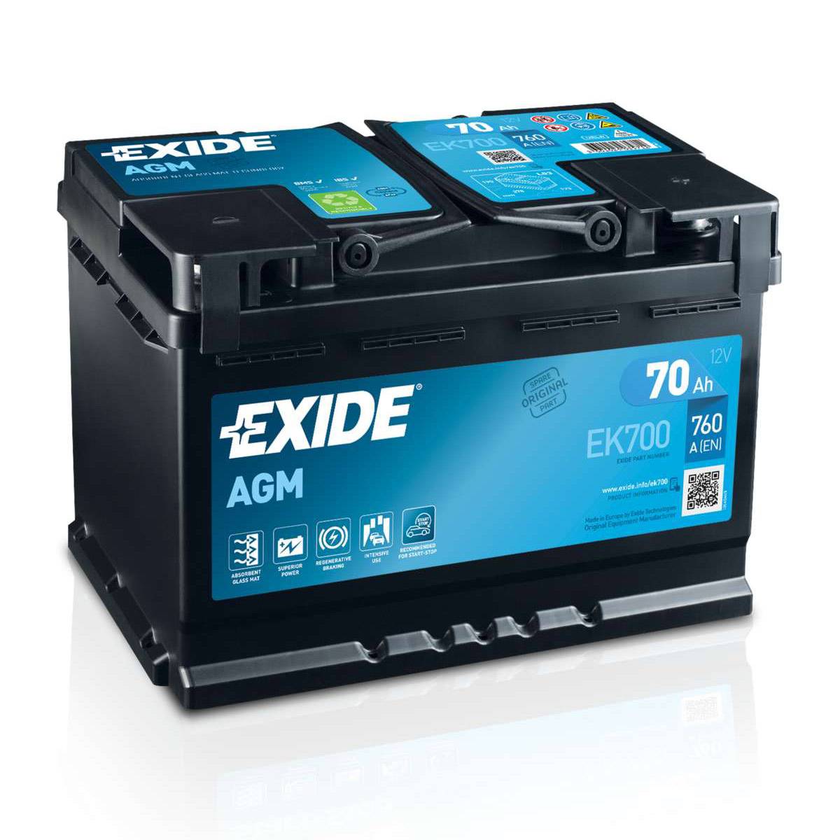 Exide EK700 Start-Stop AGM 12V 70 Ah 760A car battery, Starter batteries, Boots & Marine, Batteries by application