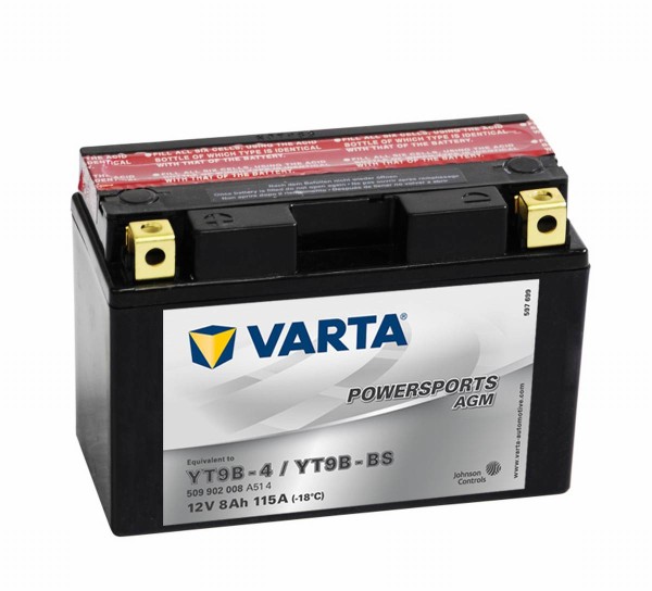 Varta Powersports AGM YT9B-4 Motorcycle Battery YT9B-BS 509902008 12V 8Ah 115A