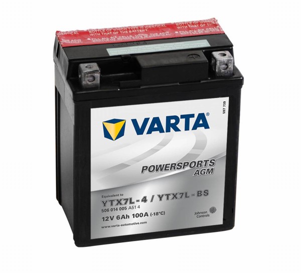 Varta Powersports AGM YTX7L-4 Motorrad Batterie YTX7L-BS 506014005 12V 6Ah 100A