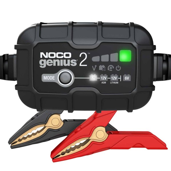 Noco GENIUS2 EU Batterie-Ladegerät 6V/ 12V 2A Blei- und Lithium-Akkus mit Krokodilklemmen und Kabels