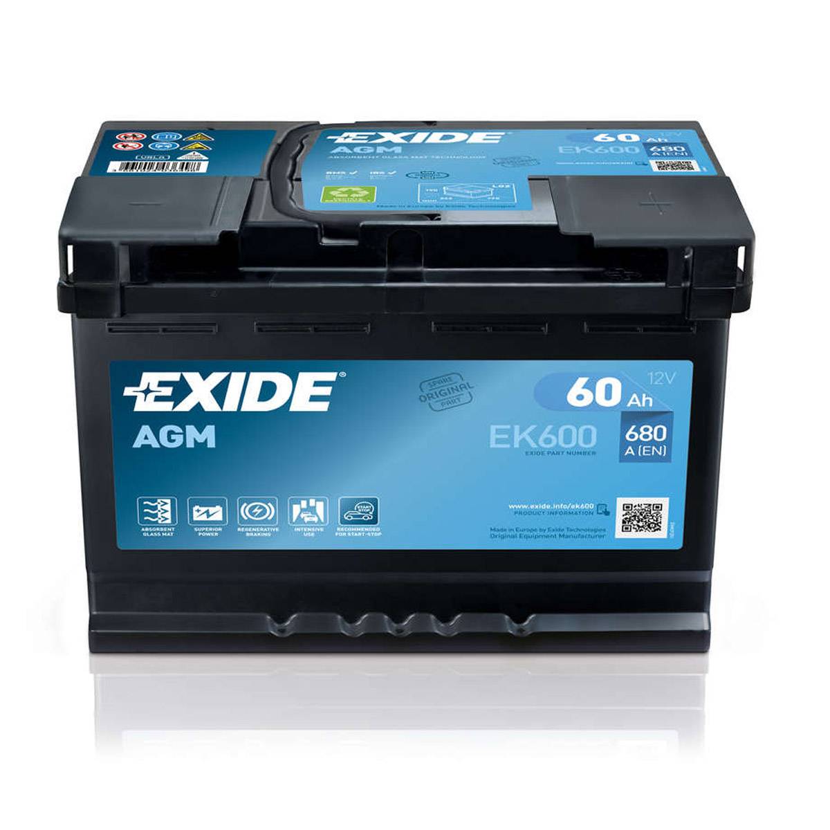 Exide EK600 Start-Stop AGM 12V 60 Ah 680A car battery, Starter batteries, Boots & Marine, Batteries by application