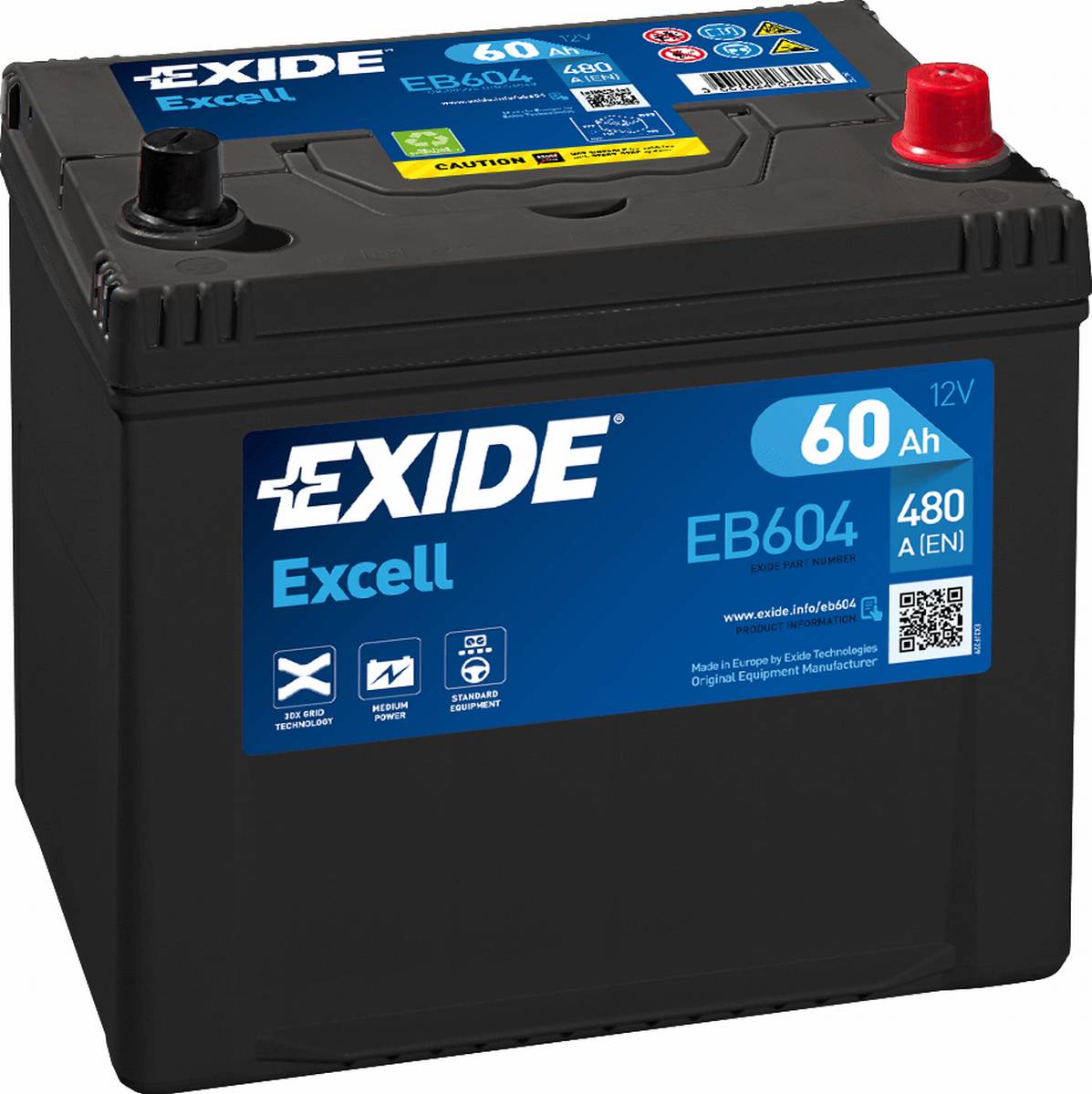 Exide EB604 Excell 12V 60Ah 480A Autobatterie, Starterbatterie, Boot, Batterien für