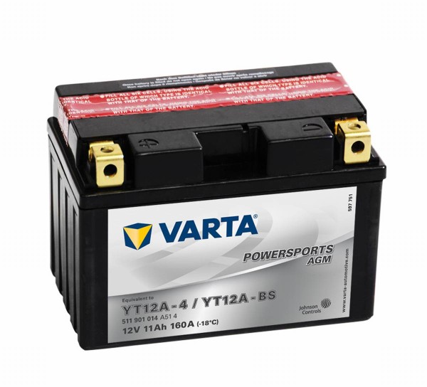 Varta Powersports AGM YT12A-4 Motorcycle Battery YT12A-BS 511901014 12V 11Ah 140A