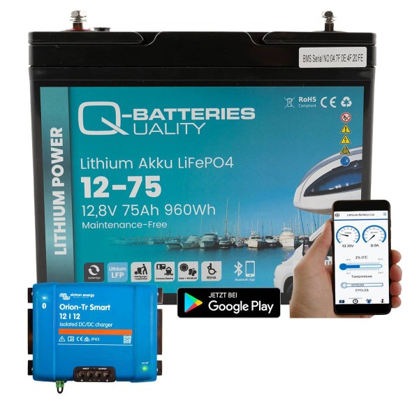 Q-Batteries Lithium Akku 12-100S 12,8V 100Ah 1280Wh LiFePO4 Batterie mit Victron Orion Ladegerät