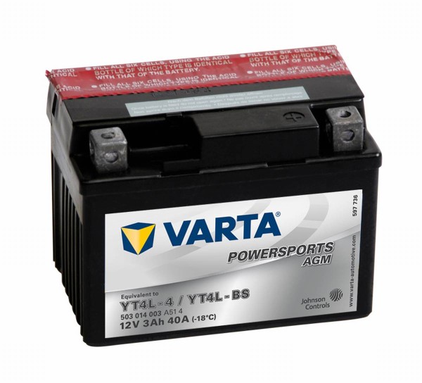 Varta Powersports AGM Motorcycle Battery YT4L-BS 503014003 12V 3Ah 40A