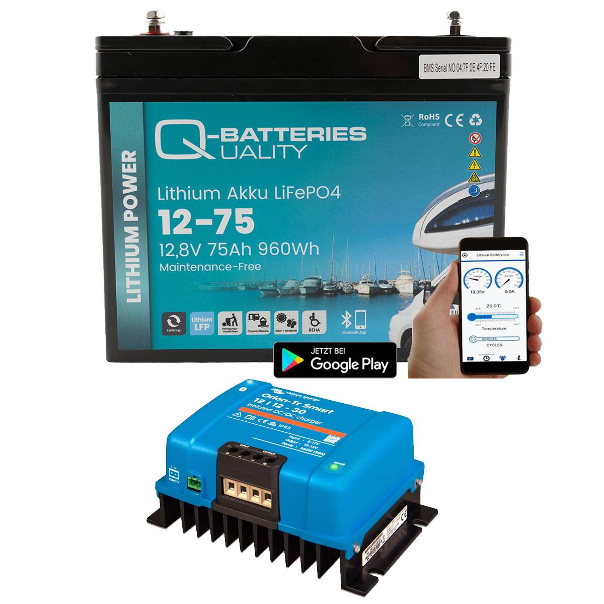 Q-Batteries LiFePO4 12,8V 75 Ah mit Victron Orion-Tr Smart 12/12-30A  Ladebooster, Powerstationen, Mobile Stromversorgung
